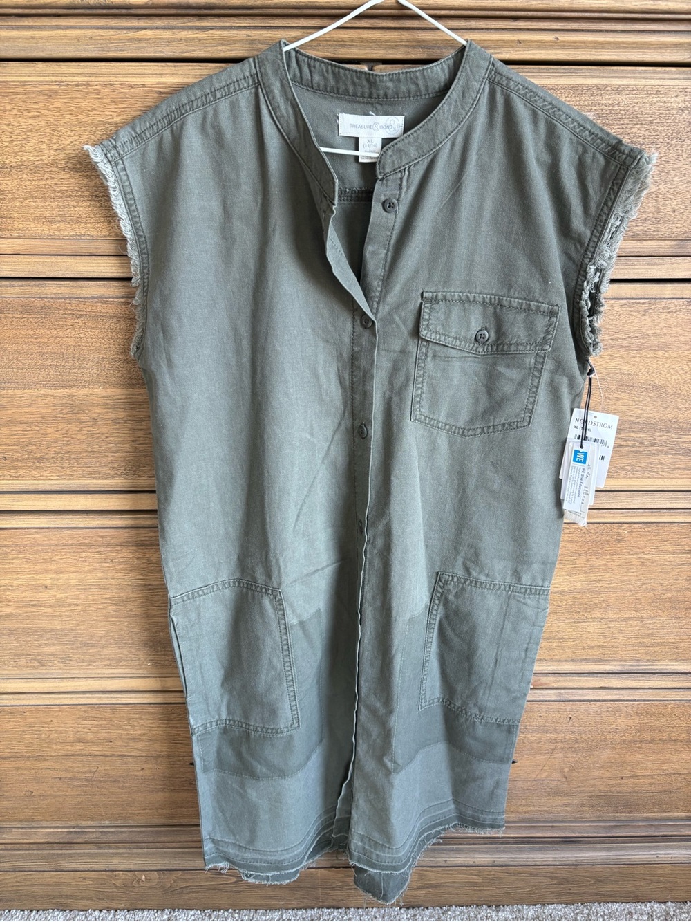 Treasure & Bond Girls XL Olive Green Cotton Sleeveless Button Shirt Dress